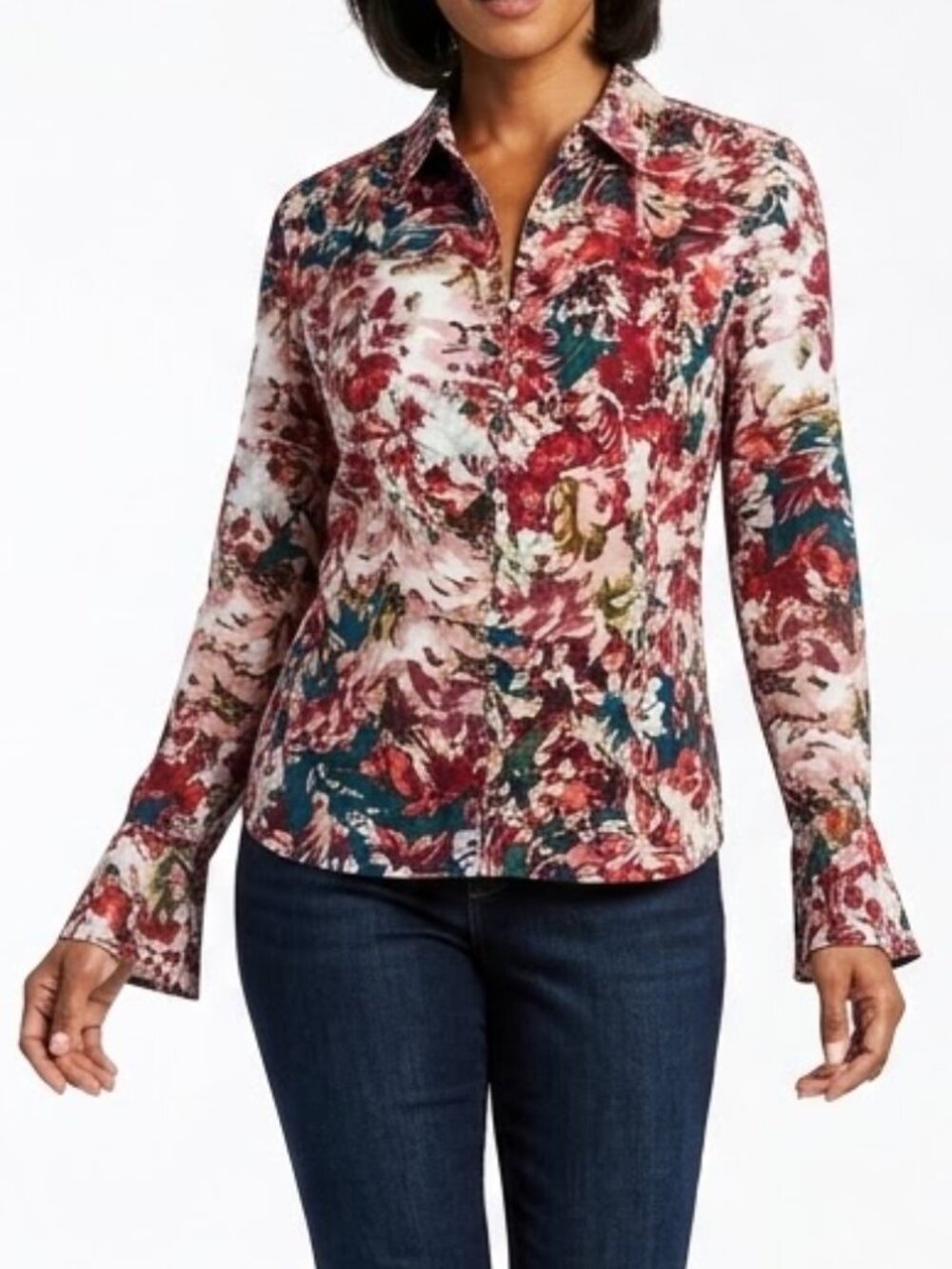 Rose + Olive Whimsigoth Floral Blouse Button Down Sheer Flutter Sleeve Top Small